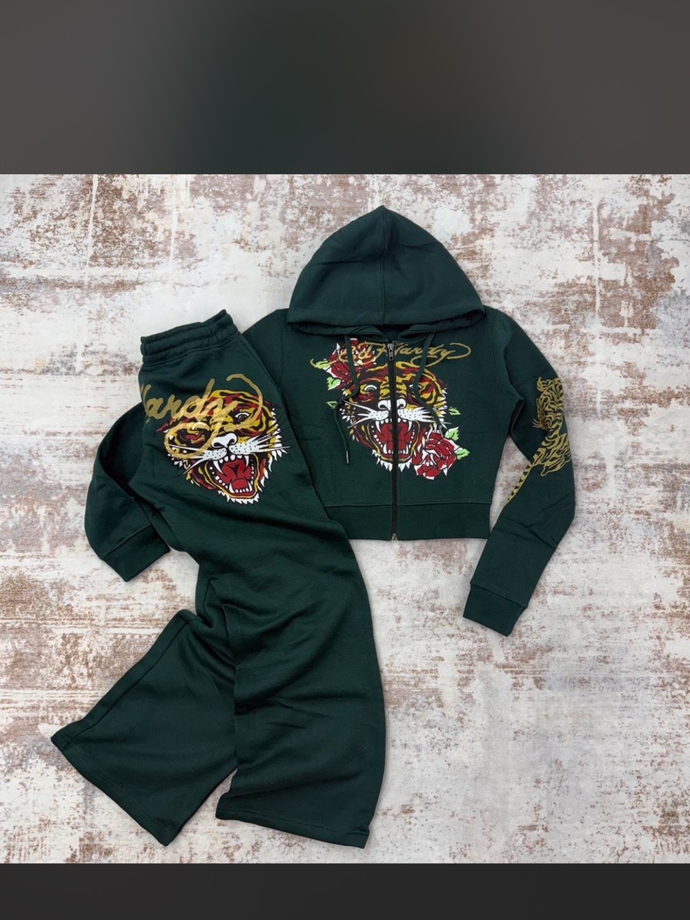 Ed Hardy Dark Green Tiger Graphic Track Pants & Hoodie Set